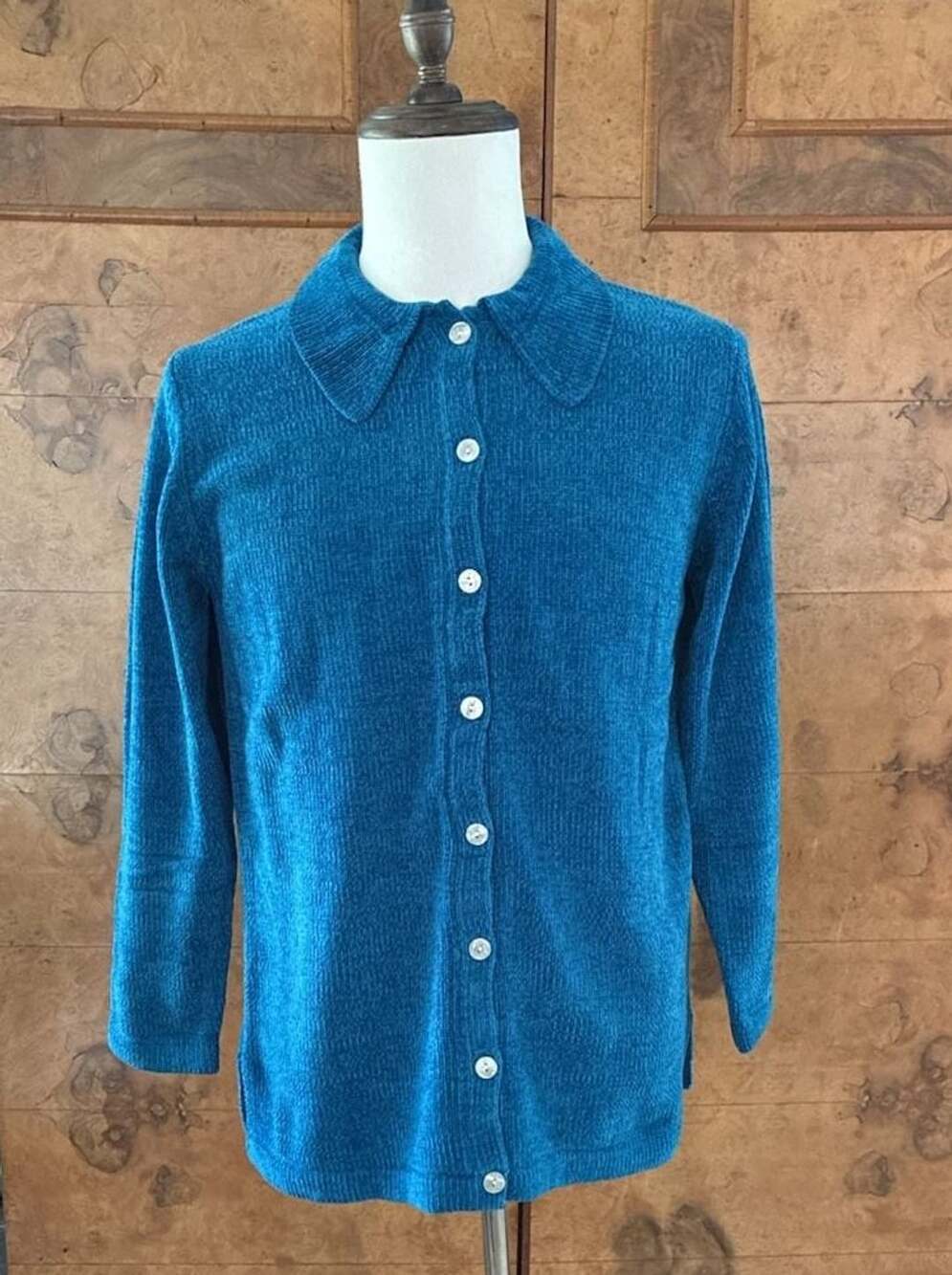 Denim & Co. Cardigan Sweater Size L Teal Chenille Button Front Collared